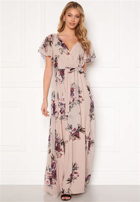 Goddiva Flutter Floral Maxi Dress Latte Bubbleroom