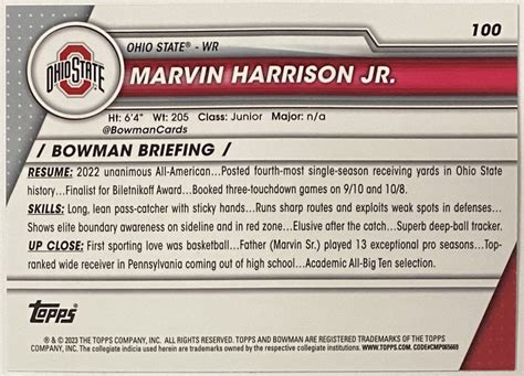 Marvin Harrison Jr 2023 Bowman University Chrome Ohio State Buckeyes Football Prospect Rookie