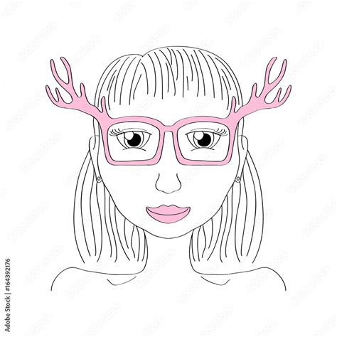 Girl In Pink Deer Horn Glasses Vector Illustration Nerd Girl Portrait