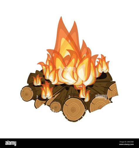 Wood Burning Bright Campfire Isolated On White Background Cartoon