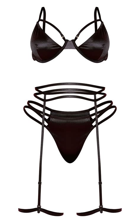 PLT Plus Ensemble lingerie 3 pièces satiné noir lanières