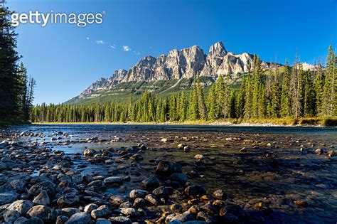 Castle Mountain And Bow River In Summer Sunny Day Castle Mountain