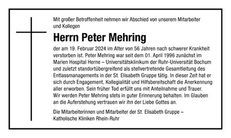 Traueranzeigen Von Peter Mehring Trauer In NRW De