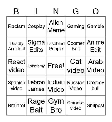 Instagram Reels Brainrot Bingo Card