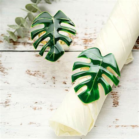 BalsaCircle 4 Metallic Green Napkin Rings Tropical Leaf Design