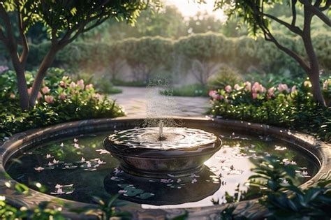 Premium Photo Tranquil Garden With A Bubbling Fountain