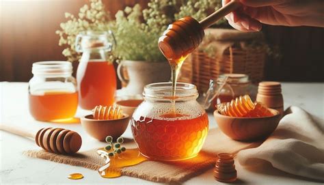 Premium Photo Golden Honey Dripping From A Wooden Dipper Into A Bowl