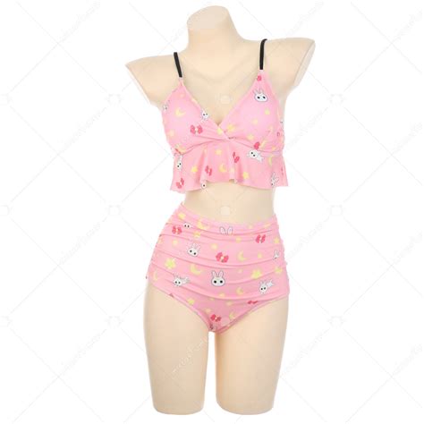 Women Two Piece Swimwear Moon Rabbit Prints Ruffle Hem Bikini Bathing Suit Bikini Set For Sale