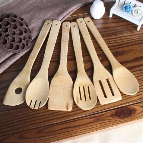 Lot De 6 Pcs Ustensile De Cuisine En Bambou Ensemble De Spatule En Bois