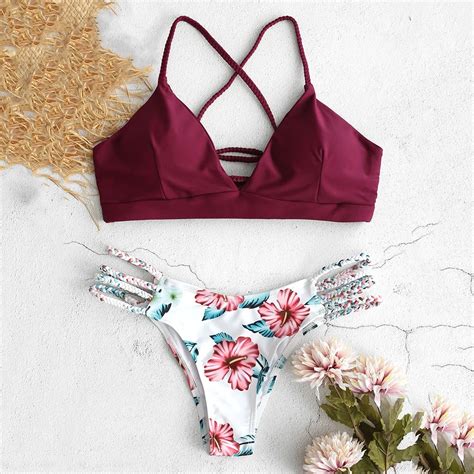 Swimwear Bikinis Women Lace Up Braided Floral Printed Bikini Set