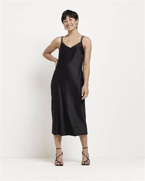 River Island Petite Black Satin Slip Midi Dress Lyst Canada