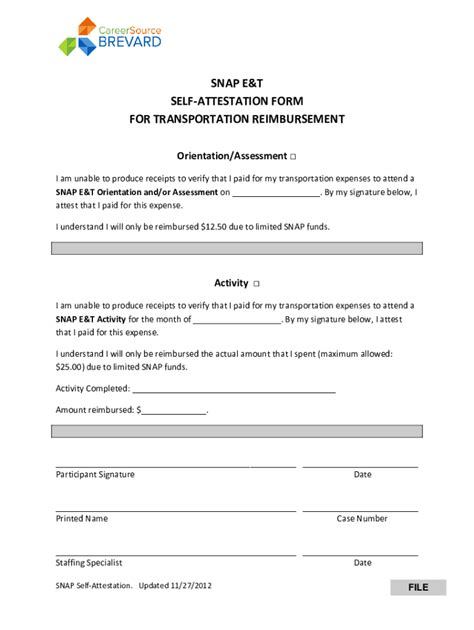 Fillable Online Snap Eandt Self Attestation Form For Transportation