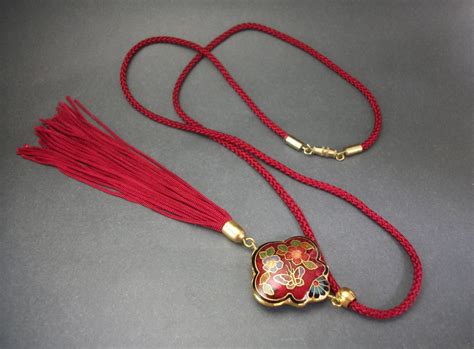 Vintage Deep Red Cloisonne Enamel Tassel Pendant Necklace 24 Inch Cord With 6 Inch Tassel Floral