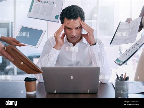 Stress Headache And Burnout Mindset Of A Business Man Working On Laptop In Office Tax Manager