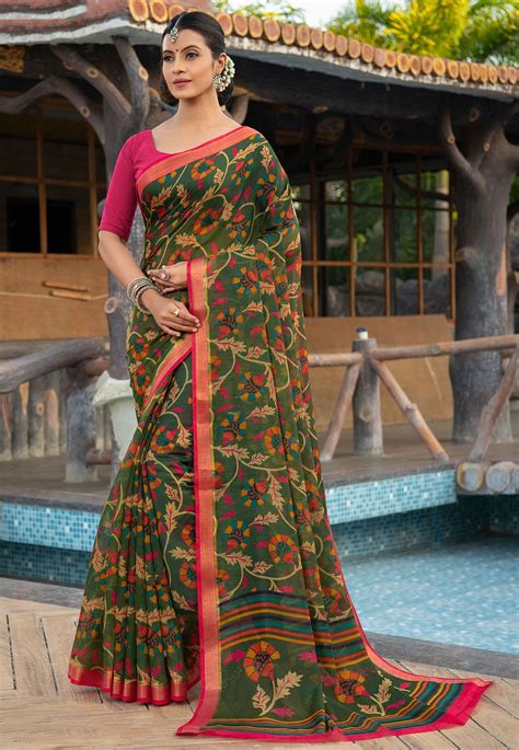 Printed Cotton Saree In Dark Green Cotton Sarees Online Saree Casual Saree