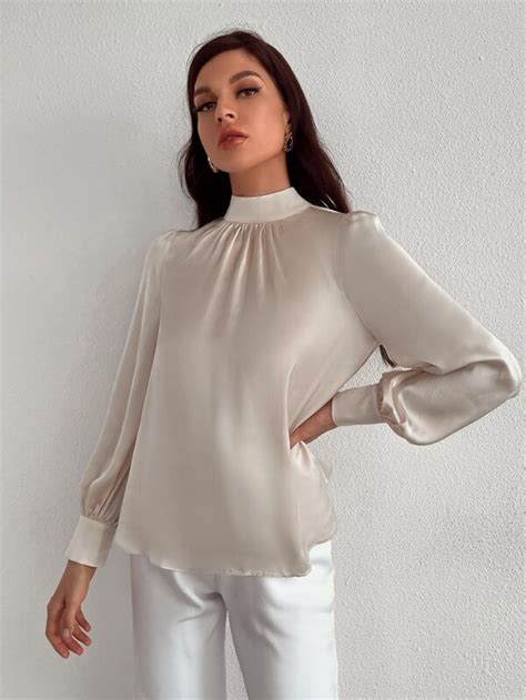 Shein Bizwear Satin Mock Neck Puff Sleeve Blouse Workwear Shein Usa