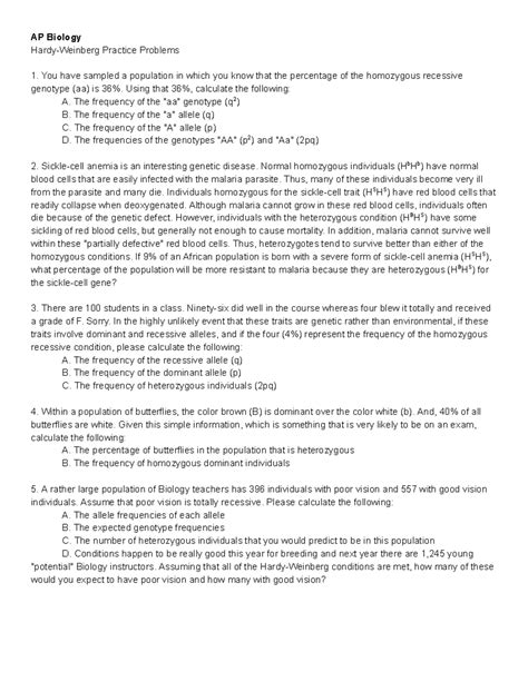 Hardy Weinberg Practice Ap Biology Hardy Weinberg Practice Problems