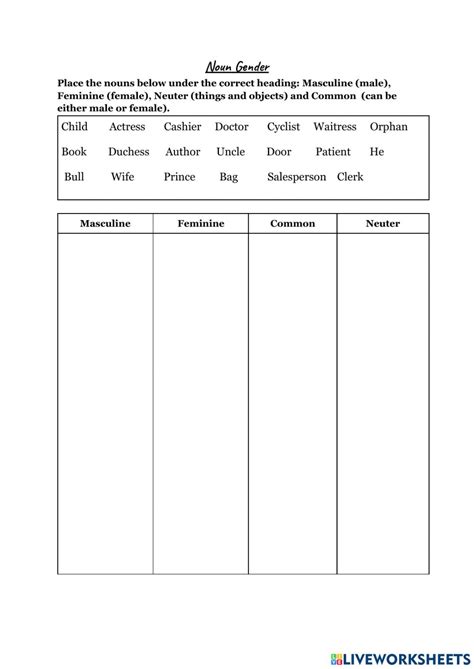 Common And Neuter Gender Worksheets