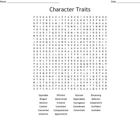 Character Traits Word Search