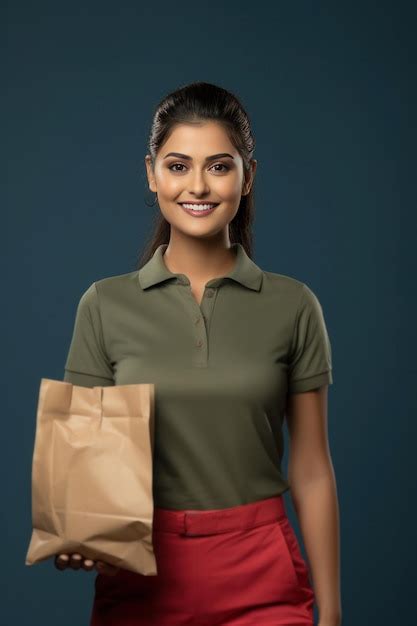 Premium AI Image Indian Home Delivery Girl Holding Parcel Or Box Or