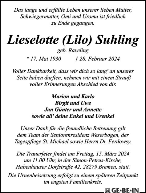 Traueranzeigen Von Lieselotte Lilo Suhling Trauer Gedenken