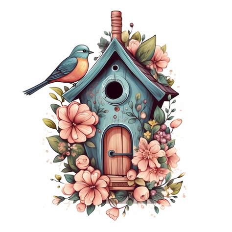 There Is A Bird Sitting On Top Of A Birdhouse With Flowers Generative