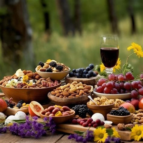 Una mesa llena de frutas y frutos secos como uvas arándanos moras y