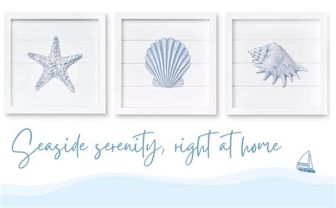 Tideandtales Blue Seashells And Starfish Framed Set Of 3 Coastal 3d