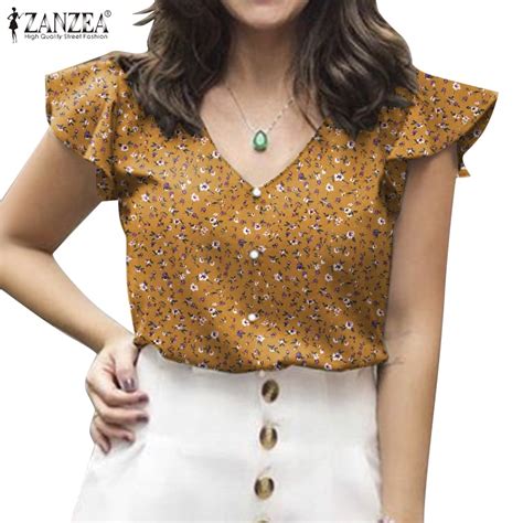 Zanzea Women Vintage Daily Ruffle Sleeves Fly Sleeves V Neck Floral Printed Blouses Shopee