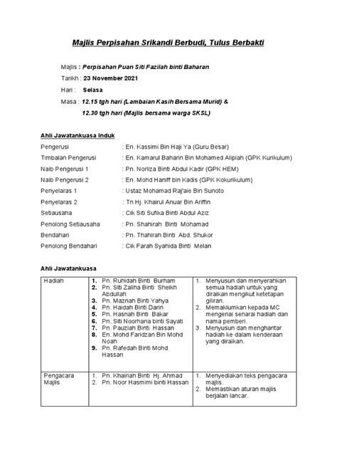 Ajk And Tentatif Perpisahan Cikgu Siti Fazilah 2021 Pdf