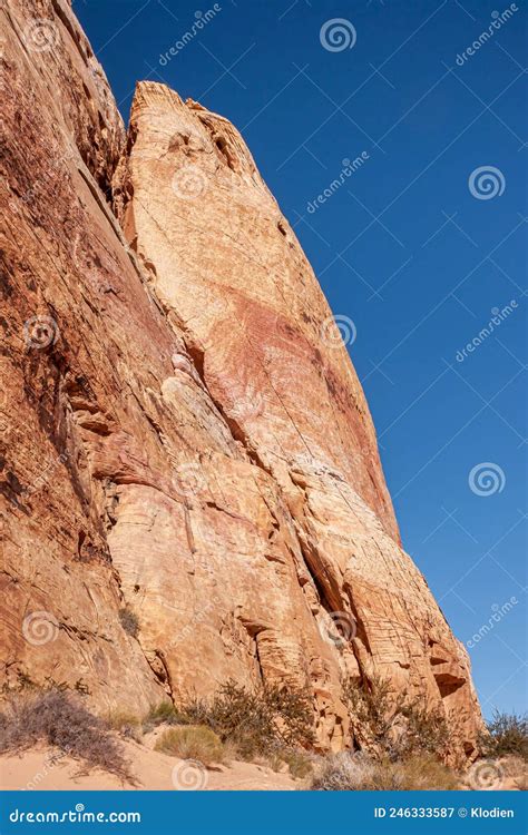 Closeup Of Steep Vertical Flank Of Red Rock Valley Of Fire Nevada Usa