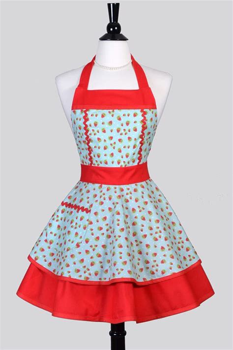 Ruffled Retro Pinup Apron Cute Strawberries On Teal Flirty Womans