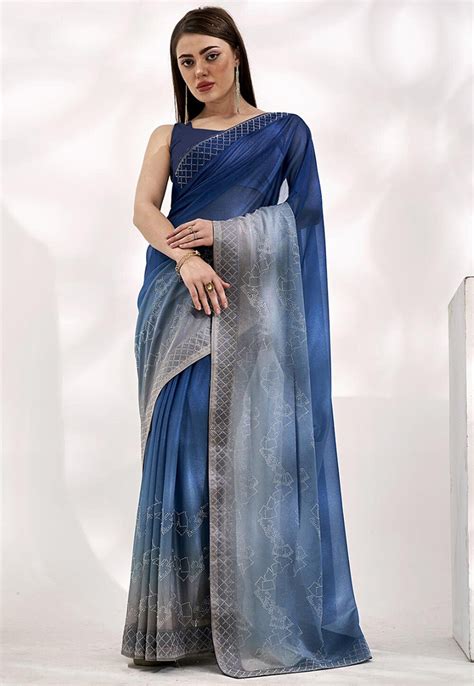 Buy Embellished Lycra Elastane Saree In Blue Ombre Online Spta