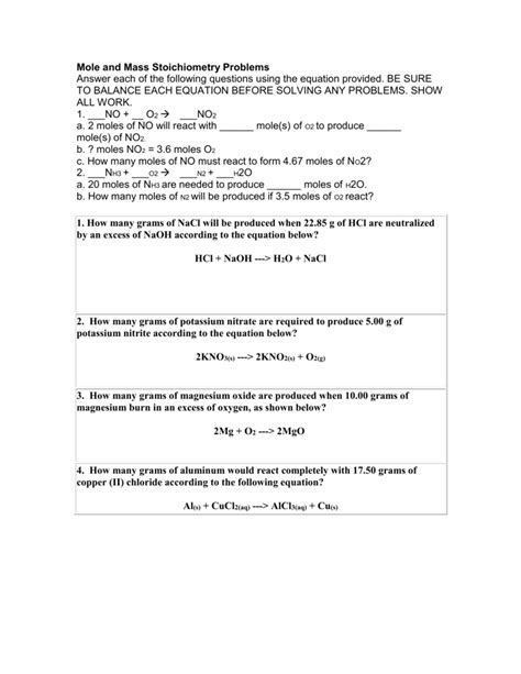 Mole Mole Stoichiometry Worksheet