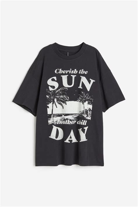 Oversized Printed T Shirt Round Neck Short Sleeve Black Cherish