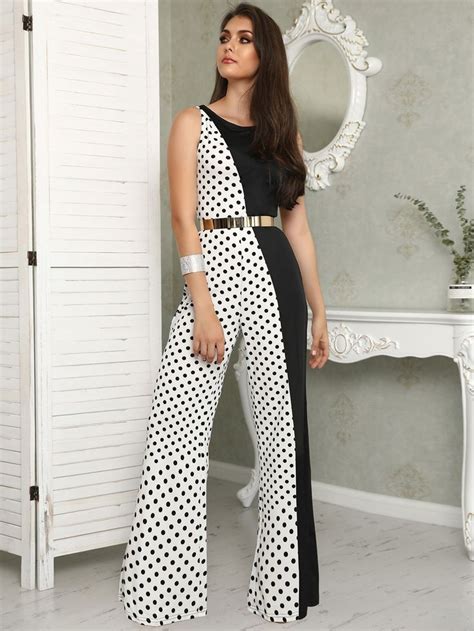 Contrast Color Polka Dot Sleeveless Wide Leg Jumpsuit With Images