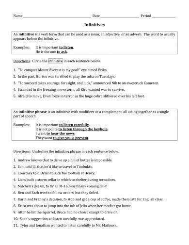 Infinitive Phrase Worksheet With Answer Key Pdf Donna Phillip S