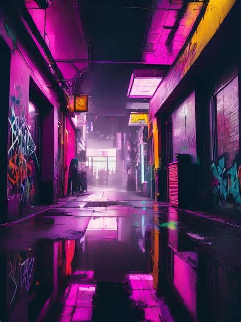 Landscape Illustration Of Neon Vaporwave Cyberpunk Street With Graffiti