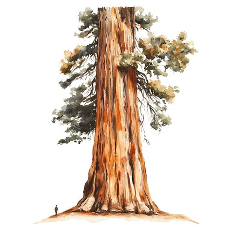 Watercolor Painting Of A Giant Redwood Tree With A Tiny Person Standing