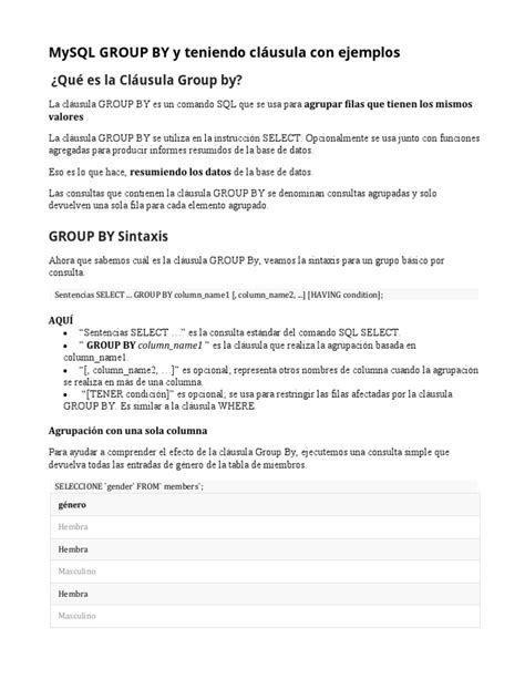 Mysql Group By Y Teniendo Cláusula Con Ejemplos Pdf Sql Programación De Computadoras