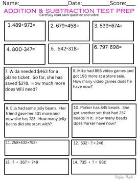 Addition Subtraction With Regrouping 3rd Grade Math Review Test Prep