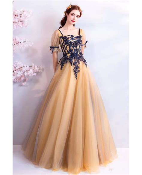 Retro Princess Yellow Tulle Ball Gown Prom Dress Formal With Sleeves Wholesale #T69195 ...