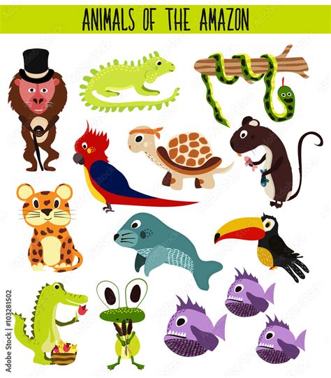 Set of Cute cartoon Animals and birds of the Amazon areas of South America isolated on white ...