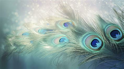 A Bright Blue Background With One Peacock Feather In The Style Of Soft