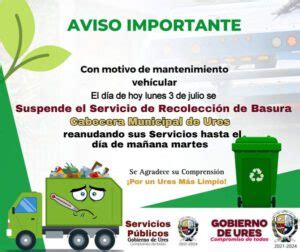 SUSPENSIÓN POR UN DÍA SERVICIO DE RECOLECCIÓN DE BASURA Municipio de Ures