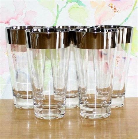 Vintage Set Of 5 Wide Platinum Rim Flared Tumblers Glasses Coffee Drawing Coffee Design