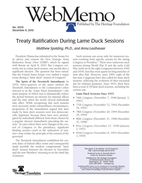 New Start Treaty Ratification During Lame Duck Sessions