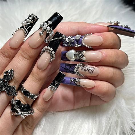 Purple Black Goth Emo Press On Nails With Charms And Etsy Pretty