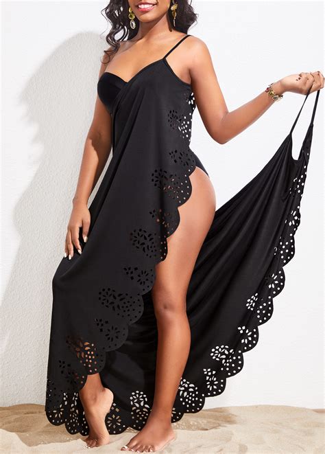 Scalloped Hem Black Spaghetti Strap Cover Up Modlily USD 26 98