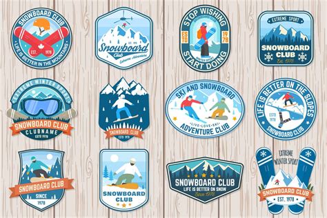 Set Of Snowboard Club Patches Vector Concept For Patch Shirt Print